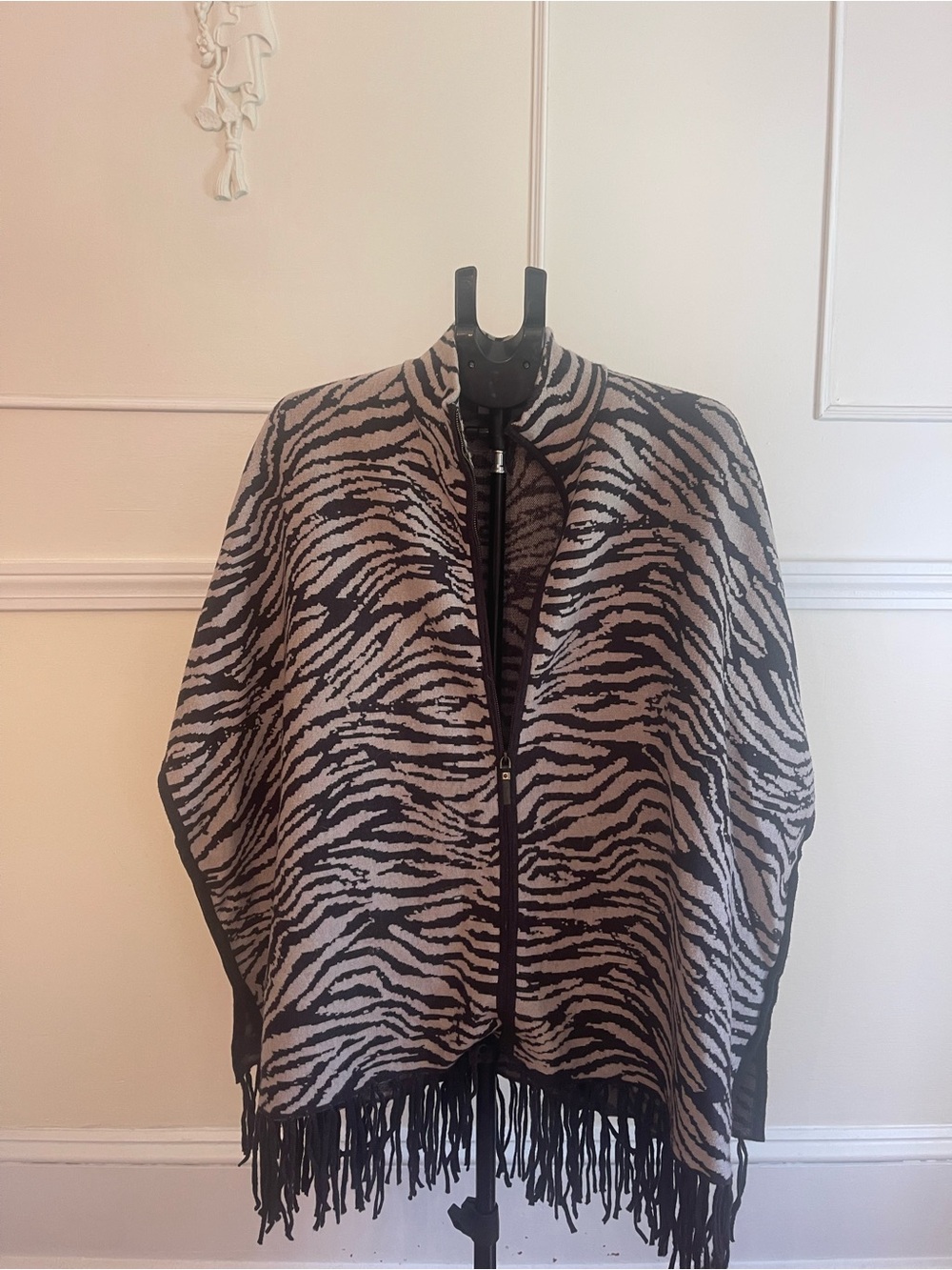 Christian Siriano Black and Beige Zebra-Print Fringe Poncho